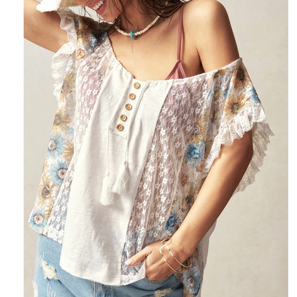 Boho Floral Print Button Detail Lace Ruffle Sleeve Cotton Top - Picture 1 of 6